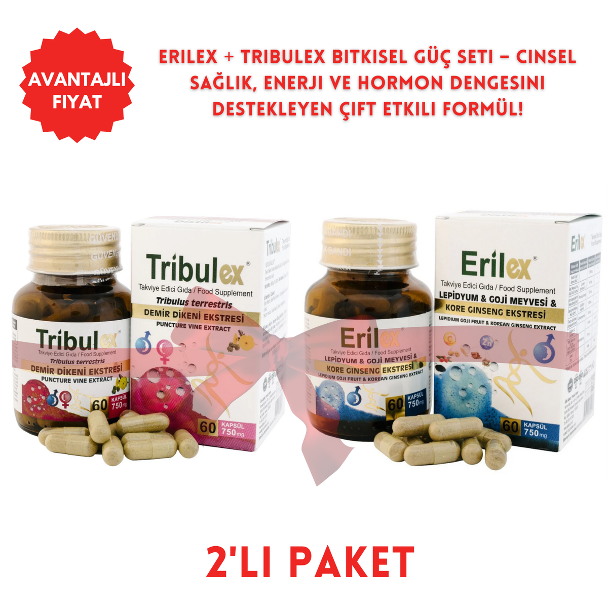 Erilex + Tribulex Bitkisel Güç Seti – Cinsel Sağlık, Enerji ve Hormon Dengesini Destekleyen Çift Etkili Formül!