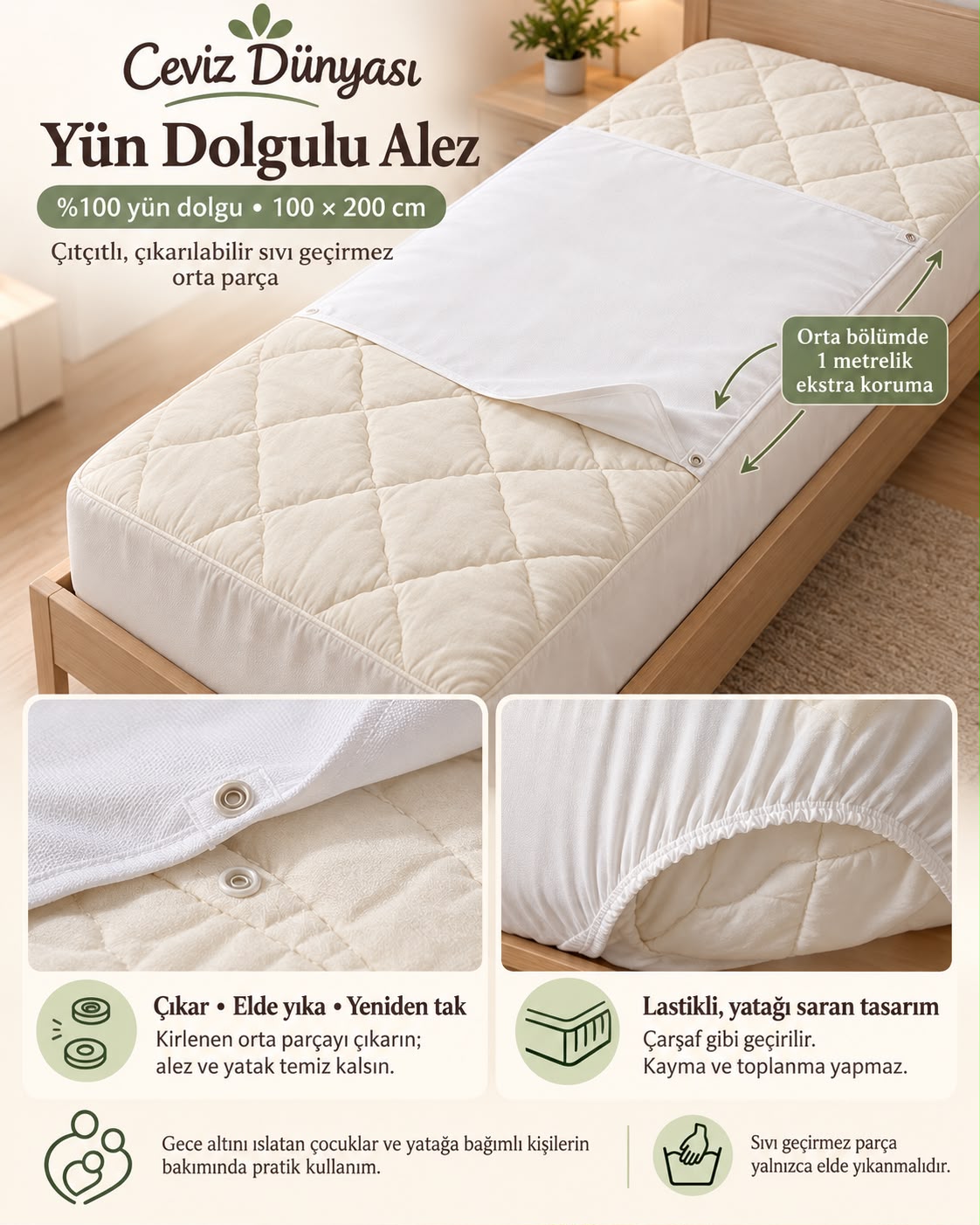 %100 Yün Dolgulu Alez | Çıtçıtlı Çıkarılabilir 100 x 200 cm